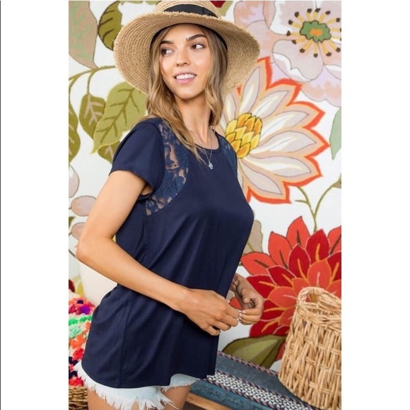 Navy Short Sleeve Top With Contrast Lace - Picture 2 of 6